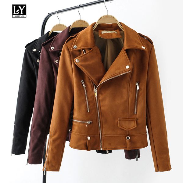 

ly varey lin soft faux leather suede jacket women short coats zipper epaulet rivet female turn-down collar black punk outerwear
