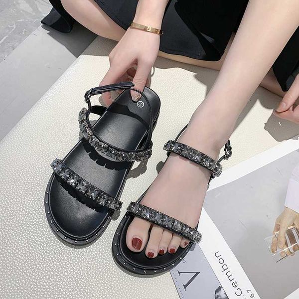 

rhinestone sandals comfort shoes for women suit female beige clear heels med 2020 women's buckle strap muffins shoe with, Black