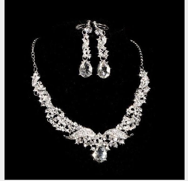 

bride's alloy diamond necklace earrings two-piece wedding dress accessories suit, Slivery;golden