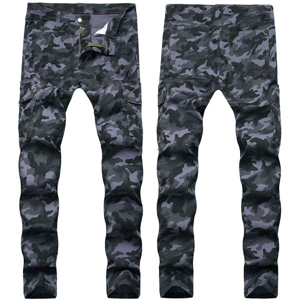 

men's jeans workwear camouflage pants stretch slim multi pocket tide overalls fashion, Blue