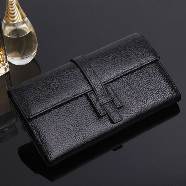 

new european and american style woman standard wallets long cow genuine leather fashion three fold hand bag h buc clutch, Red;black