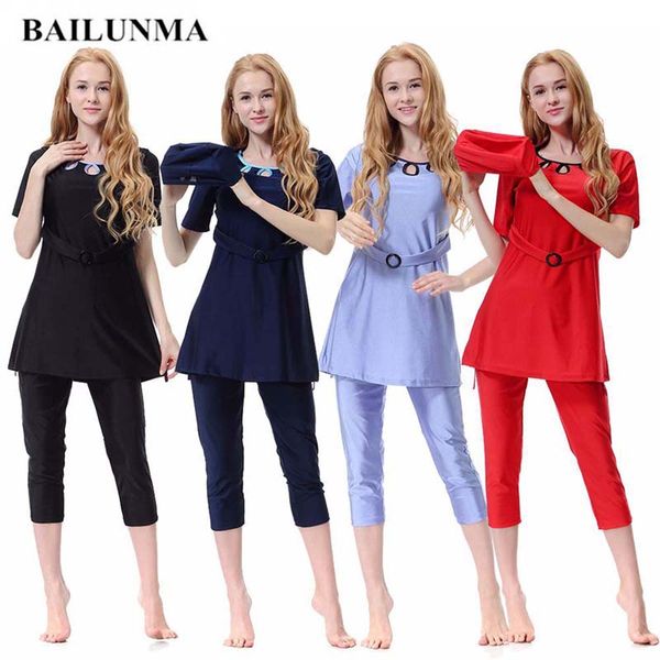 

2020 modest beaches sunscreen short sleeve arabian swimsuit islamic women swimwear muslim swimsuit with swim hat