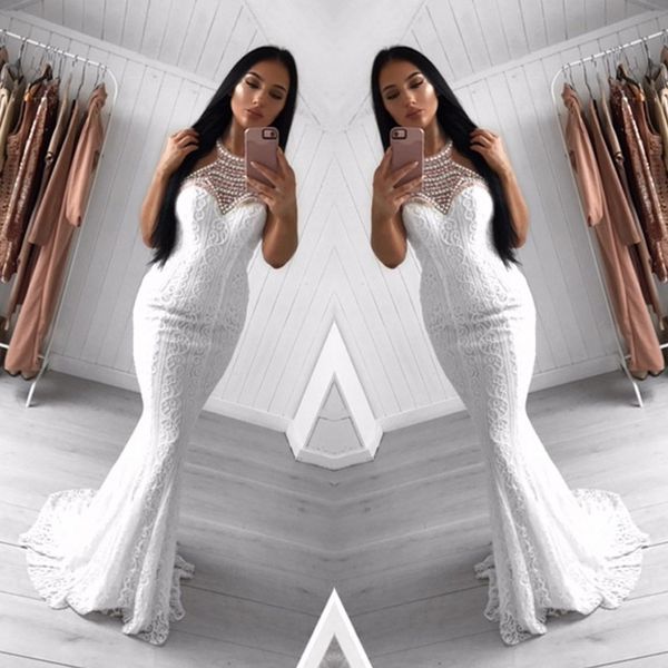 

fabulous halter lace beading mermaid prom dress 2019 gorgeous sleeveless floor length white arabic evening gowns robes de soirÃ©e, Black