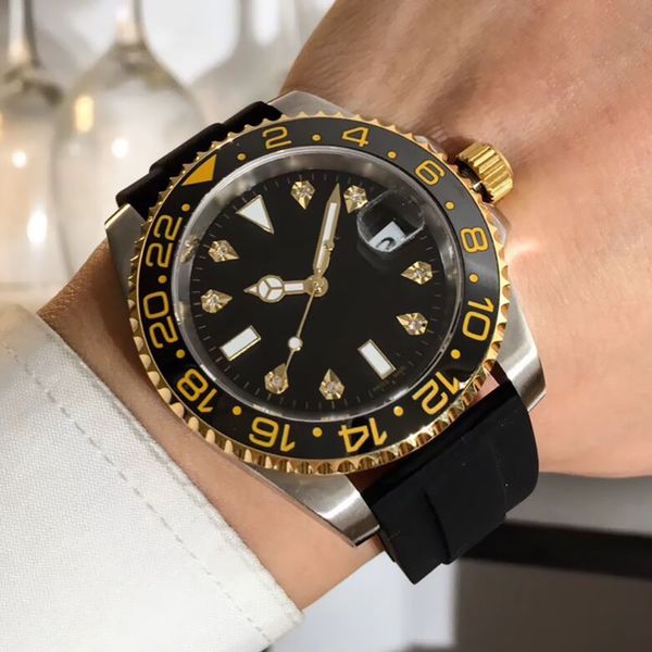 

luxury watch 8215 fully automatic mechanical movement auto date sapphire mirror ceramic bezel super luminous black rubber strap mens watches, Slivery;brown