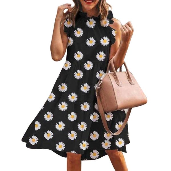 

littlerossa vintage petal short sleeve women dress summer casual loose daisy floral print beach dress party vestido, Black;gray
