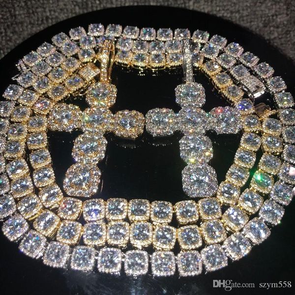 

обледеневшие цепи хип-хоп ювелирные изделия мужчины полный алмаз крест кулон ожерелье микро кубический цирконий медь набор бриллиантовое оже, Golden;silver