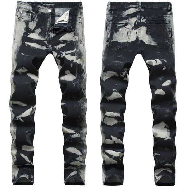 

2019 new mens jeans black printed jeans ripped fashion slim straight casual hiphop biker male pants, Blue
