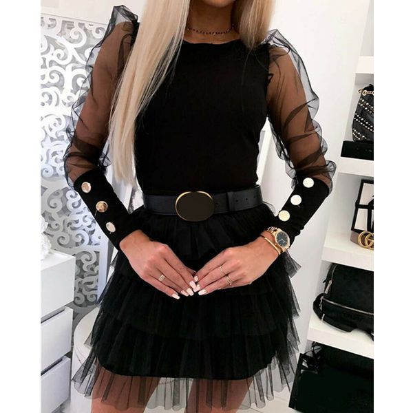 

women ladies mesh sheer sleeve knitted t shirts ribbed frill fashion female clothes casual t-shirts tees spring t-shirt, White