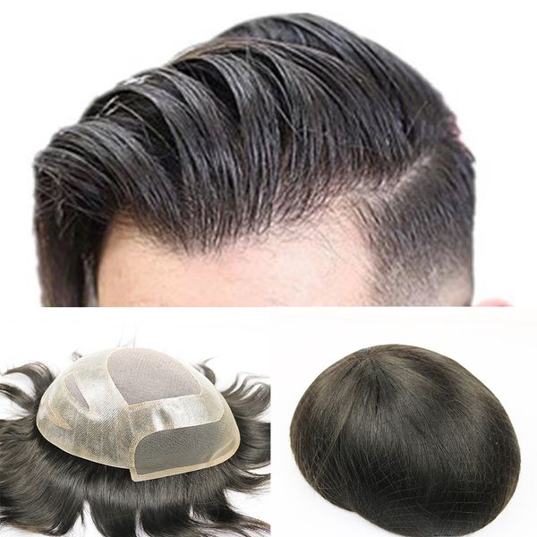 Lace Front Mono Pu Back Mens Toupee Bleached Knots Toupee Human