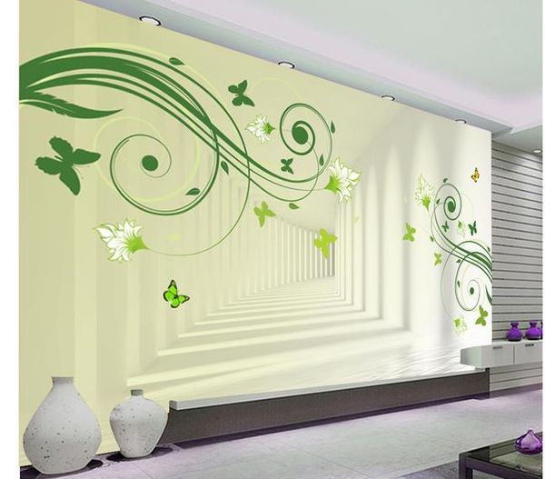 Paredes de papel de parede moderno Simples flor verde borboleta amor flor tridimensional espaço rattan fundo TV parede