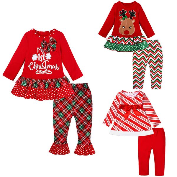 Natal Outfits bebê Crianças Meninas Carta Malha Bow cervos Imprimir Top + Ruffle Plaid Dot listrado Alargamento Pants 2pcs / set Xmas Crianças chothes M777