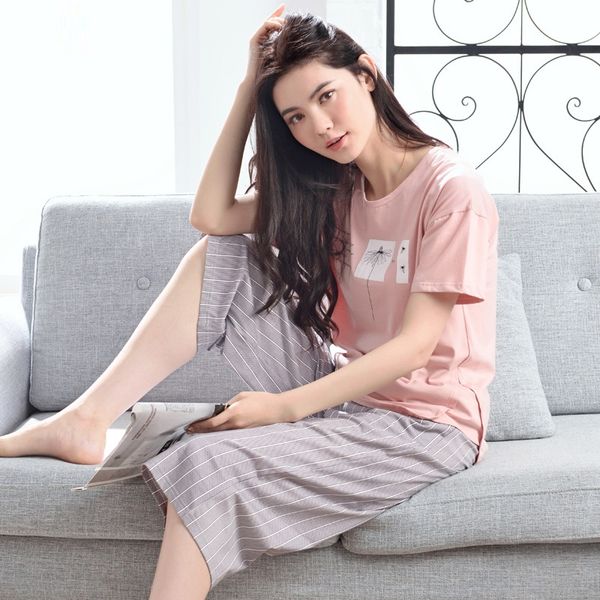 

women comfortable cotton pajama set girl print pyjama set short sleeve sleepwear suit women nightshirt young style 4xl 5xl, Blue;gray