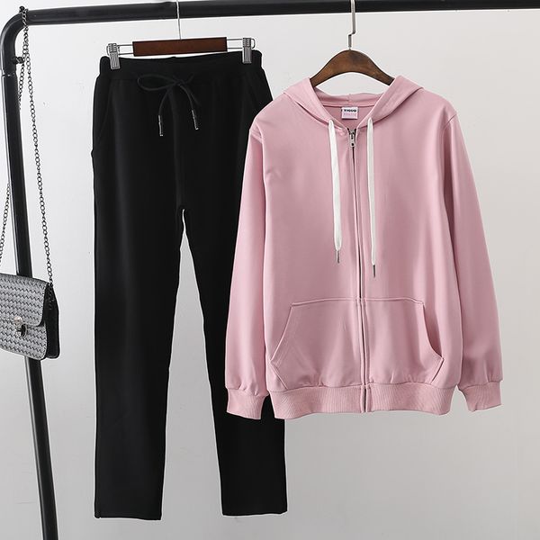 

женщины набор 2018 осени тонкие свободные с капюшоном + брюки две цельных костюмы женщин молнии кардиган студента случайных костюмов, Gray