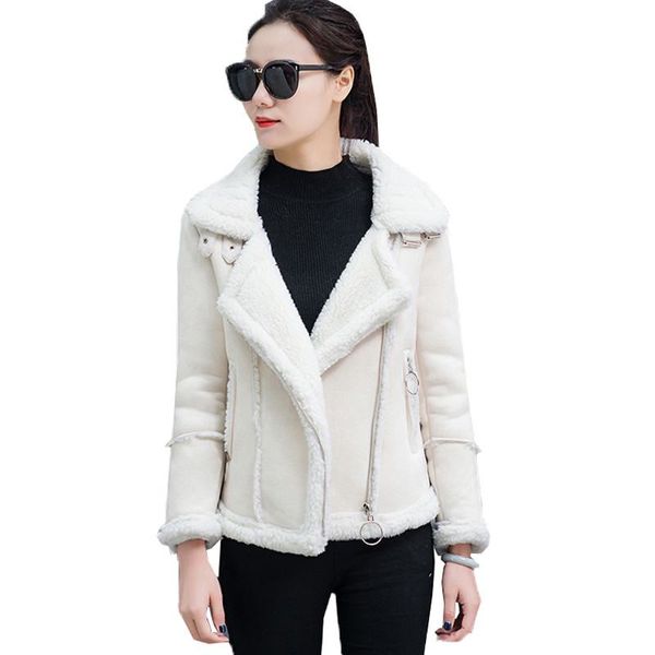 

2018 new autumn winter female suede leather jacket women lamb wool short motorcycle outwear lady thick warm sheepskin coat l83, Black