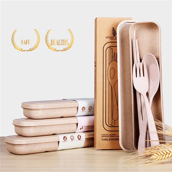 

3pieces / set health environmental wheat platycodon straw cutlery set portable camping tablewarel spoon fork chopsticks set camp kitchen
