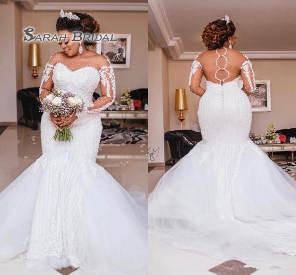 

new 2019 heavy beading mermaid wedding dresses long sleeve appliques pearls african wedding gowns plus size bridal vestido de noiva 2019, Black