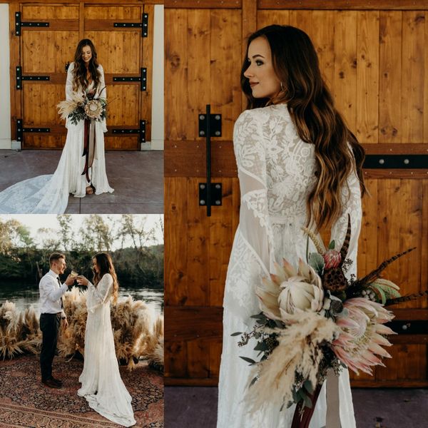 

summer garden bohemian lace wedding dresses 2020 flare long sleeve v neck split long train countryside wedding gowns robe de mariee, White