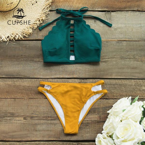 

cupshe colorblocked high-neck halter bikinis sets women cut out tank swimsuits two pieces swimwear 2019 beach bathing suits