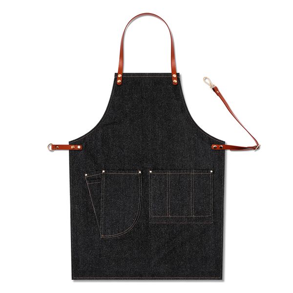 

bartender baker leather strap removable chef denim bib apron barista adjustable multi pocket work casual bbq uniform