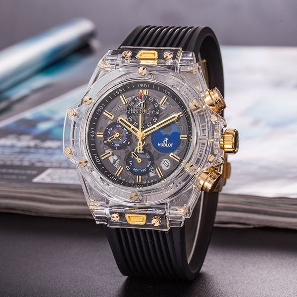 

2019 fa hion rubber trap hub quartz watche mechanical men de igner ix pin run econd all dial work inlaid drill wri twatch hippin