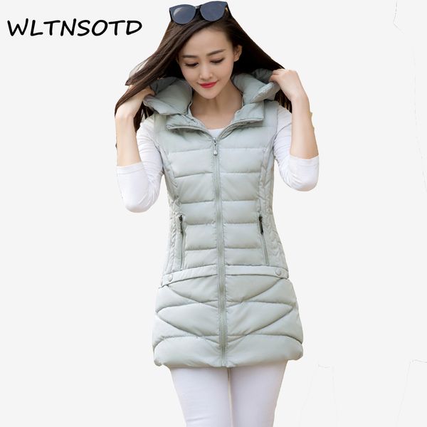 

2017 autumn winter winter new cotton vest women long slim hooded warm jacket female fashion solid pocket zipper vests, Black;white