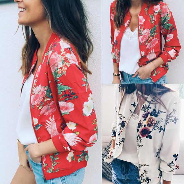 

autumn spring women fashion slim jacket coat long sleeve zipper floral print o-neck jacket 2 style casual clothes, Black;brown