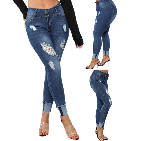 

mom jeans women skinny slim ripped jeans elastic plus size denim pocket button casual boot cut pants mujer s10, Blue