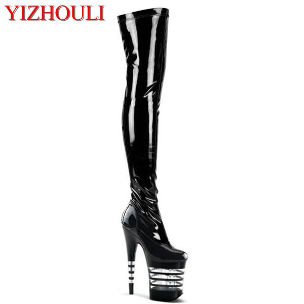 

women's shoes are 20 cm high, high heel knee boots, stylish zipper, platform stripe paint decoration, high heel boots, Black
