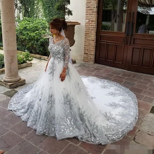 

2019 Лето Пляж Серебряный Страна Свадебные Платья A Line Длинные Рукава Кружева Аппли