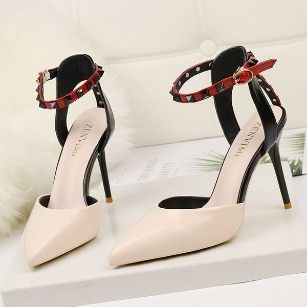 

2019 new woman high heels shoes stiletto pointed toe ladies shoes women pumps buckle rivets women heels bridal office, Black