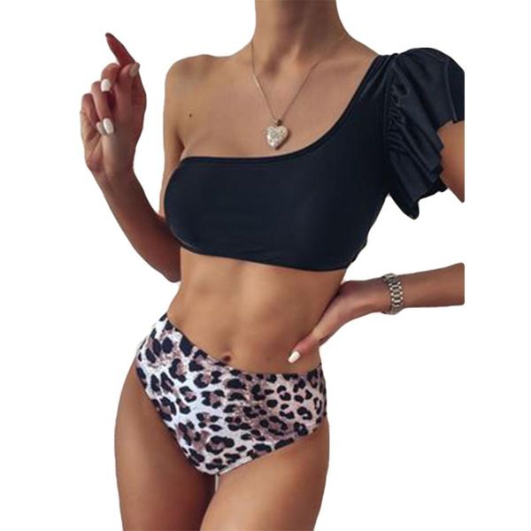 

women's swimwear bikinis 2021 one shoulder bikini suits ruffles leopard high waist thong split swimsuit swimming costume, White;black