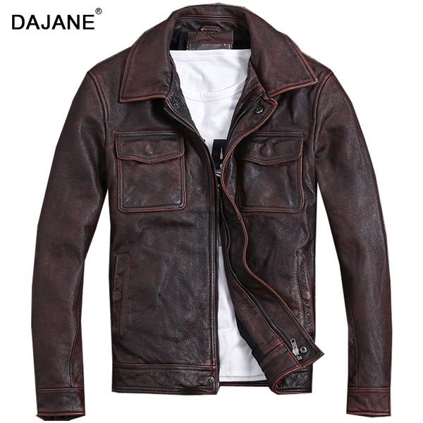 

dajane cow real leather genuine thick jacket old leather jacket red brown vintage men motorcycle ing, Black