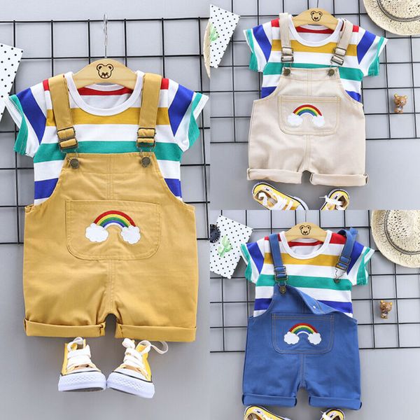 

newborn baby boys gentleman outfits clothes sets rainbow striped short sleeve t-shirt bib shorts set 2pcs, White
