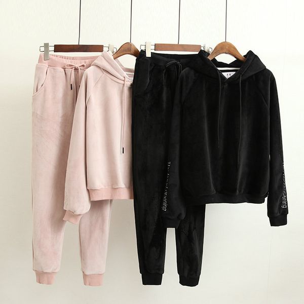 

winter women casual set velour sport suit velour hoodie sweatshirt+pant jogger outfit running athletic set sportswear tracksuit, Black;blue