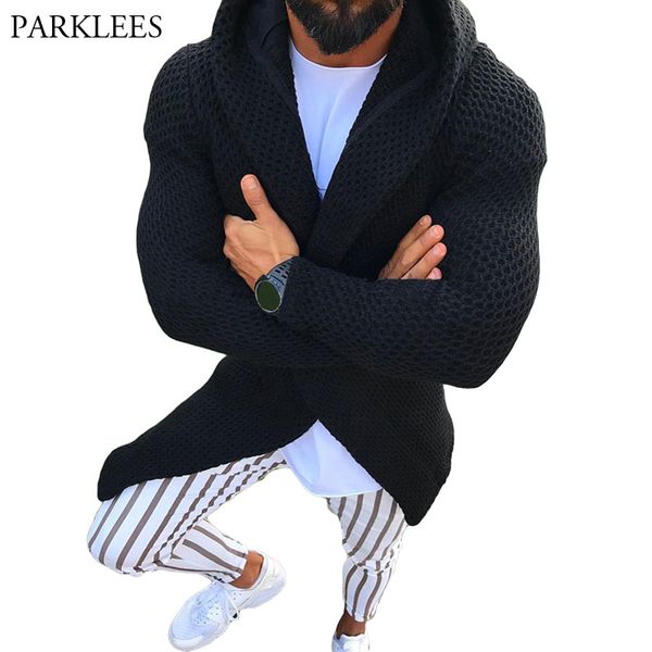 

knitted cardigan sweater men casual male outwear long coat hooded knitting sweaters open front mens knitwear pull homme black, White;black