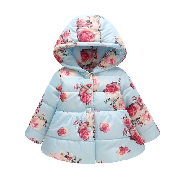 

european and american new product burst 2019 winter baby girl with cap printing fashion children button cute cotton kids jacket, Blue;gray