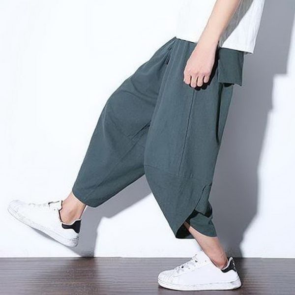 

men linen trousers harem pants loose hip hop baggy cross pants for man elastic waist ankle-lenght mens joggers, Black