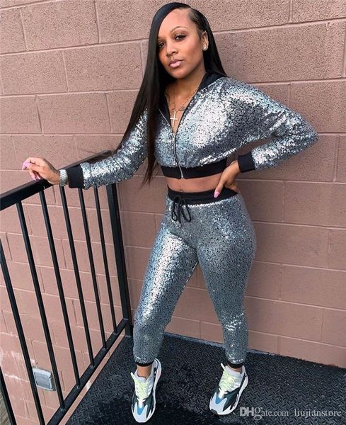 

осеннее для женщин блестки 2шт брюки повседневная женская с капюшоном наборы серебра способа 2pcs наборы, White