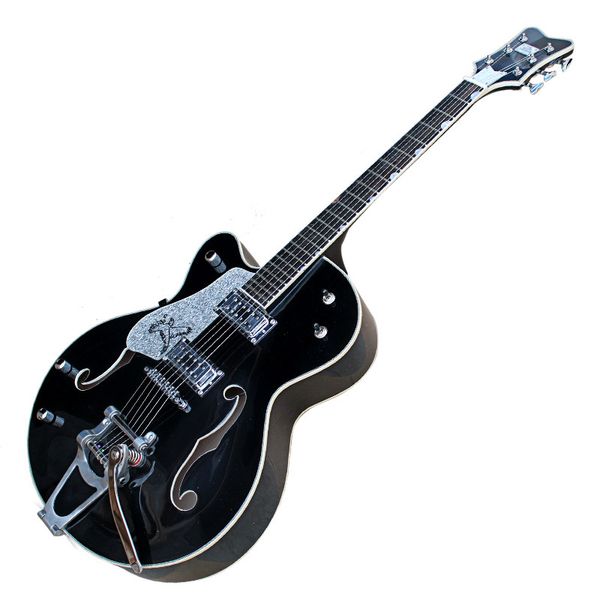 Hardware de hardware do corpo semi-oco preto canhoto 2 pickups guitarra elétrica com grande ponte tremolo, rebanho de Rosewood, pode ser personalizado