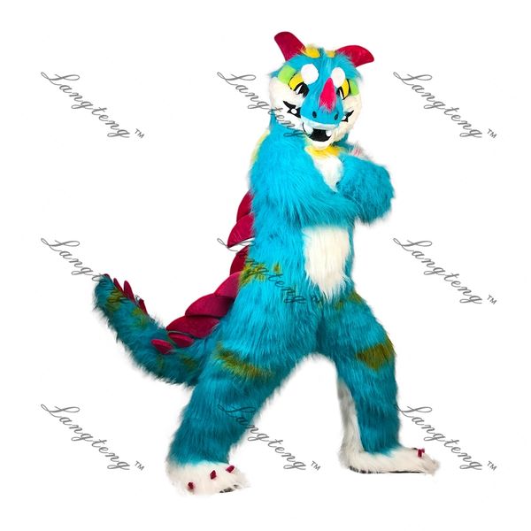 

blue dragon mascot costume cartoon longteng long-haired fursuit costme (wolf dog fox husky dragon), Red;yellow