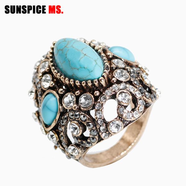 

sunspice ms big antique rings for women blue natural stone vintage wedding engagement crystal rings jewelry retro gold color new, Slivery;golden
