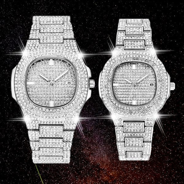 

Hip Hop Bling Алмазный Часы для мужчин Серебряный диапазон нержавеющей стали Мужские к