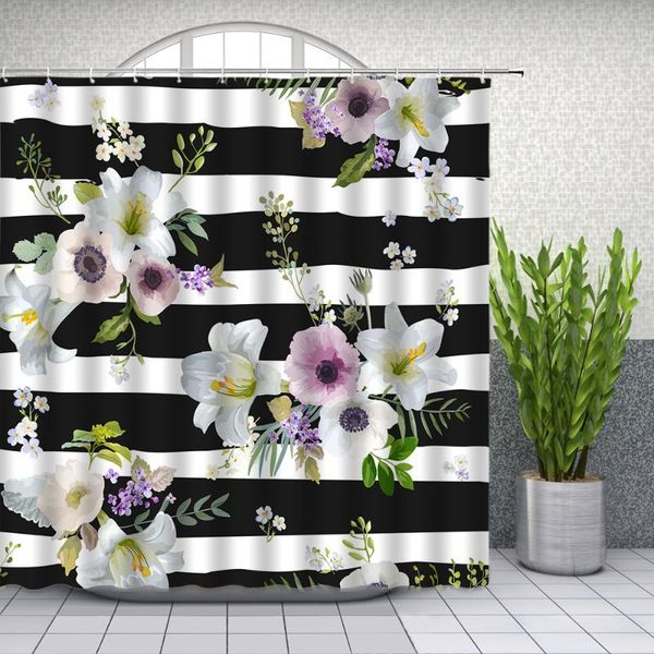 

shower curtains floral plant water color flower black white stripes bathroom decor waterproof polyester bath cloth curtain set