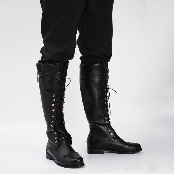 

men knee high boots autumn winter fashion lace up flat shoes steampunk pu retro buckle men shoes snow boots #xsw, Black
