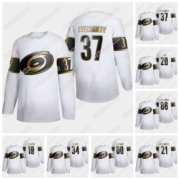 

carolina hurricanes 2020 white golden edition jersey sebastian aho williams hamilton vatanen skjei trocheck andrei svechnikov staal, Black;red