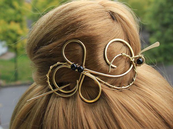 

handmade elegant hair pins copper clip barrette gold hairpiece wedding accessory vintage headpiece metal head jewelry for women, Golden;white
