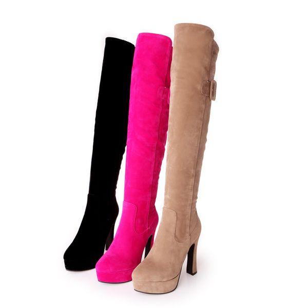 

size 32 to 42 43 with box fuchsia suede thick heel over the knee thigh high boots luxury designer women boots, Black
