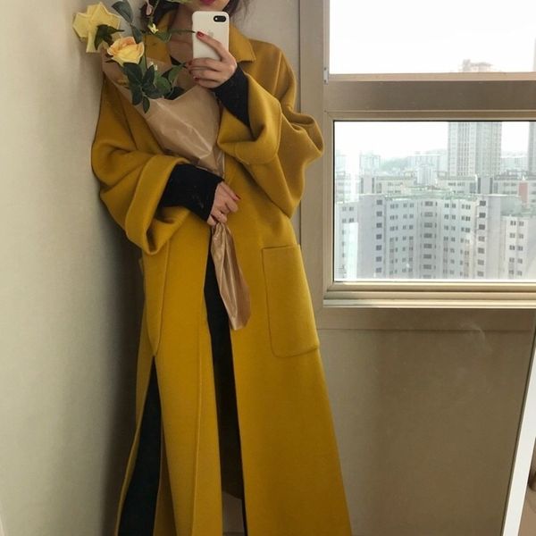 

women elegant winter wool overcoat long bandage woolen coat cardigan loose plus size abrigos mujer manteau femme hiver coat, Black