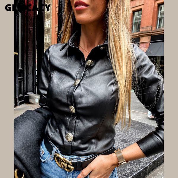 

women long sleeve buttoned pu blouse spring fall solid black chic slim shirt, White