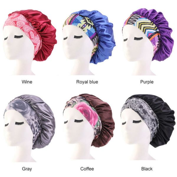 

women satin night beauty salon sleep cap cover hair bonnet hat silk head wide elastic band for curly springy hair chemo cap